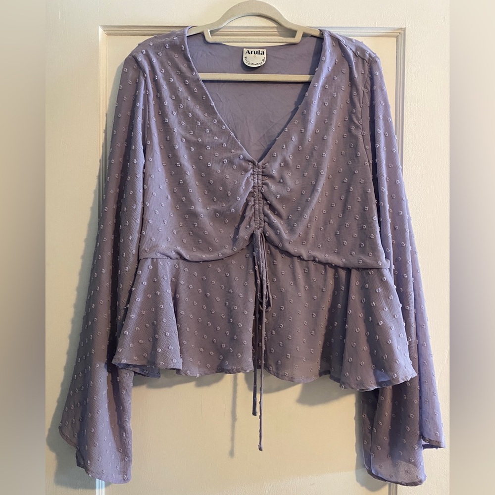 Arula Polka Dot Babydoll Shirred Blouse Swiss Lavendar Size 0 X Small
